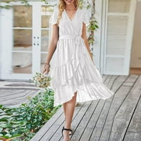 Clearmanske ljetne haljine za žene Srednja dužina A-line kratki rukav labav V-izrez s pune haljine bijele