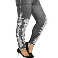Žene FAU traper pant cvjetne ispise gamaše elastične struke lažne traperice mršave pantalone vježbanje sive m