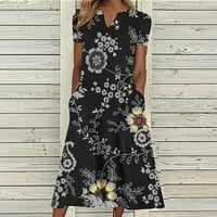 Ženska ležerna haljina s kratkim rukavima Maxi ljetna haljina za plažu sa džepovima V-izrez cvjetna