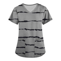HHEI_K Ženska stalna odjeća s kratkim rukavima V-izrez sa džepovima Stripes ispisani vrhovi Bluze za