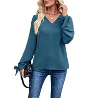 Ženska elegantna bluza čipkani dugi rukav V izrez košulje casual labavo čvrste boje tunika za poslovne