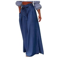 Ženske široke pantalone za noge Ljetne popustovne pantalone za djevojčice Ležerne prilike labavi zavoj modni učvršćen veliki struk prozračan tamno plavi xxxl