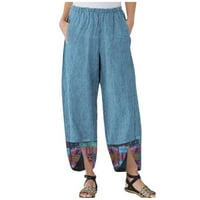Ženski ljetni vučni struk široki noga labavi pamučni posteljina vintage hlače labave udobne elastične struke crkvene duge hlače tiskane posteljine dugih pantalona sa džepovima