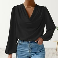 Oalirro šifonske bluze za žene Dressing V izrez dugih rukava s dugim rukavima draped crna