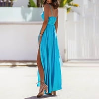 Maxi haljina za ženske haljine za sunčanje V-izrez bez rukava plavi s
