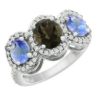 14k bijelo zlato prirodno dimy Topaz & Tanzanite 3-kameni prsten ovalni dijamant naglasak, veličina 9.5