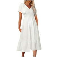 Haljine za žene modne žene labave V-izrez ljeto od punog kratkih rukava haljina bijela l