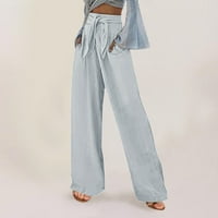 Ženske ljetne posteljine pantalone u širokoj vezi s kravate džepove hlače s velikim nogama