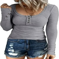 Ženska majica s dugim rukavima Henley T dolje Slim Fit vrhovi scoop vrat rebrastih pletenih majica