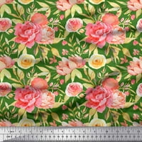 Soimoi Green Poly Georgette Listovi tkanine i božurno cvjetno tiskano tkanina od dvorišta široko