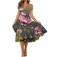Ljetne haljine za prodaju za žene plus veličine kratkih rukava za štampanje cvjetnog uzorka V-izrez Midi fit i flare y2k modni elegantni odmor za odmor Početna stranicaKoming A-line ljuljaška haljina