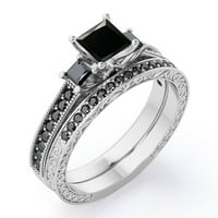 Art Deco 3-kamen 0. TCW Princess rezan laboratorij stvorio je crni dijamantski katedralski katedralski prsten za vjenčani prsten u 18k bijelo pozlaćivanje prekrivanja srebrnom