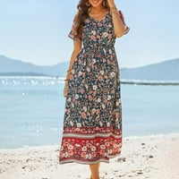 Ženska vintage V rect haljina boemska cvjetna tiskana ljeta duga haljina casual kratka rukava s kratkim