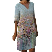 Ženske rukave haljine modne cvijeće ispisano struk sandress V-izrez dress duljine koljena casual cosy