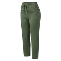 Sehao ženske posteljine pamučne i čvrste elastične struk hlače nacrtavaju ravne casual pantalone, vojska zelena m