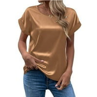 Gaiseeis ženska majica ljetni elegantni čvrsti okrugli vrat valjani kratki rukav saten sil bluza na vrhu Khaki XXL