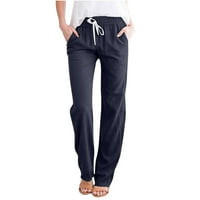 Puntoco ženske casual široke nogave hlače čvrste elastične struine labave hlače sa džepom tamno plave
