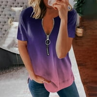 IOPQO T majice za žene Žene modne čiste boje prugasti patent zatvarač kratkih rukava casual bluza majice