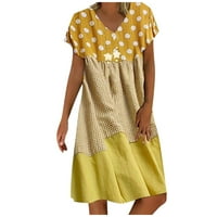 Ženska dužina koljena A-line kratki rukav modni V-izrez ljeto tiskana haljina žuta l