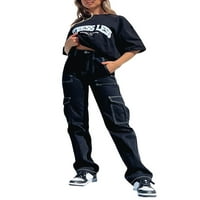 Ženske casual labave traperice, čvrsti džepovi u boji Stretch patchwork traper hlače visoke struke ravne