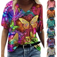 Žene Ljeto V izrez Tunic The Trendy kratki rukav majice Scenic Print Casual Loot Fit Pulover Comfy plus