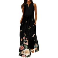 Ženske ljetne haljine za žene A-line haljina za odmor Boho Long V-izrez cvjetni crni 3xl