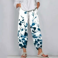 Trendi ljetne kapri hlače za žene Leptir Print Pamučni posteljina vrećica za hlače elastična struka