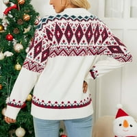Dukseri za žene Ženski okrugli vrat Božićni tisak Rekreativni pulover Pleteti džemperi dugi rukavi Bež