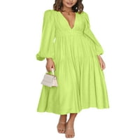 Eyicmarn Ženske duge haljine Čvrsto boje V-izrez dugih rukava Big Swing Boho haljina Fhion Spring Fall