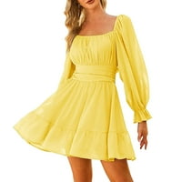 Haxmnou ženski dugi rukav kvadratni izrez frield letchless tanka srednja dužina šifon haljina žuta l