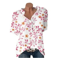 Ljetni vrhovi za žene kratki rukav Split V-izrez košulje s cvijećem tiskane elegantne bluze Prednji džep prsa Pink XL