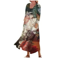 Strugten ženska casual komforna cvjetna haljina za pamučnu džuću od tri četvrtine maxi haljine za žene
