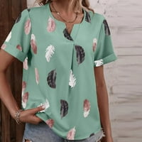 Split V izrez Tunika košulja za žene Casual majice s kratkim rukavima Labavica Slim Fit Feather Ispis