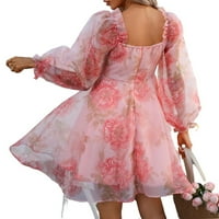 Boho cvjetni ispis Kvadratni izrez i haljina s bljeskalicama ružičaste ženske haljine