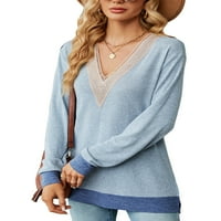 Glonme ženske majice V izrez tunika bluza dugih rukava na vrhu dame casual pulover comfy color blok tee svijetlo plavi xl
