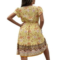 Colisha Women Midi haljina V izrez Swing haljine kratki rukav Ležerni ljetni cvjetni print Yellow XL