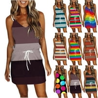 Ženska V izrez Stripe Rainbow mini haljina špageta remen bez rukava bez rukava haljina za vuču sa džepom
