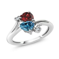 Gem Stone King Sterling Silver Dvostruki srčani prsten za žene granet i perzijski plavi moissinite