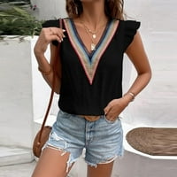Ljetne casualske majice Patchwork crochet Slim V izrez kratki rukav čvrsti boju vrhovi za žene crne