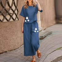 MLQIDK Ženske ljetne odjeće kratki rukav + hlače Loungeward Pamuk posteljina set plus veličina, plavi
