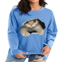 REJLUN Ženska majica Dugi rukav Tee Cat Print T Majica Casual Tunic Bluza Labavi posao Pulover Light Blue XL