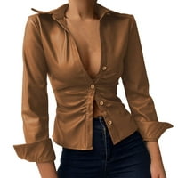 Hanzidakd ženske košulje jesen i zimski rukav okrugli izrez poliesterskih majica smeđa m