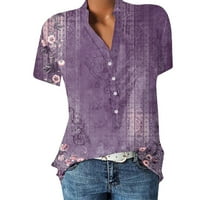 Ženske vrhove bluza Žene kratki rukav Ležerne prilike Cvjetni ljetni V-izrez T-majice ljubičasta 2xl