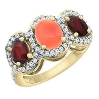 14k žuto zlato prirodni koralj i poboljšani rubin 3-kameni prsten ovalni dijamant akcent, veličina 8.5