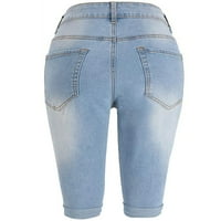 Xinqinghao Lounge Hlače Žene Elastične uništene rupe Skraćene hlače Traper kratke hlače Ripped Jeans Cargo Hlače plave s