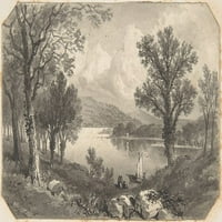 Pogled na jezero ili rijeku s posterom jedrilica Print David Octavius ​​Hill
