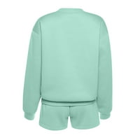 WAVSUF set za žene odlagačke pulover vrhove i kratke hlače s dugim rukavima CREW izrez Čvrsti zeleni