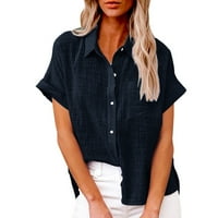 Ženska modna košulja lapel majica s kratkim majicama down džepna odjeća za djevojčice udobne casual bluze, pune boje tiska za tisak kratkih rukava plavi xxl