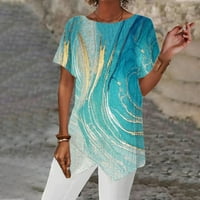 Ženske bluze Moda Žene Ljetni geometrijski ispis Labavi kratki rukav Nepravilni majica Majica svijetlo plava xxl