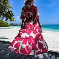 Idoravan ženska ljetna majica za čišćenje ženske modne boemske V-izrez Labavi kratki rukav print plaža gležnjačina haljina + kaiš